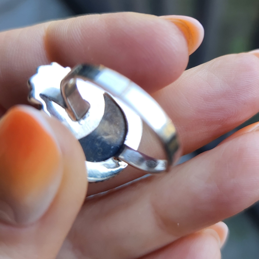 Handmade Sterling Silver 925 Palm Root Agate Crescent Moon Flower Ring Size 8 - Picture 7 of 10